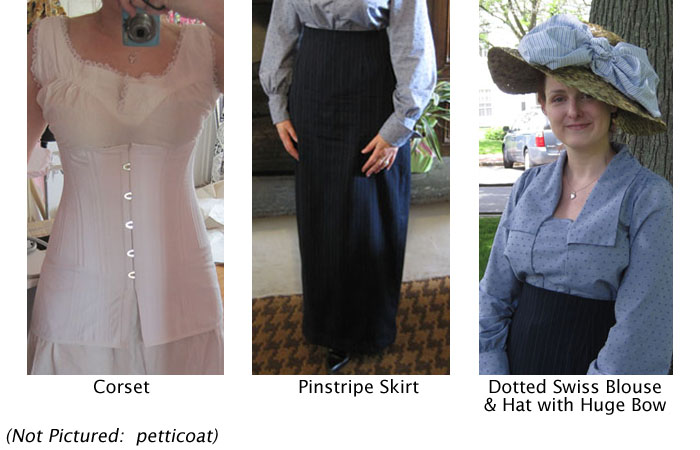 corset, simple slip, dotted swiss blouse, pinstripe skirt, hat