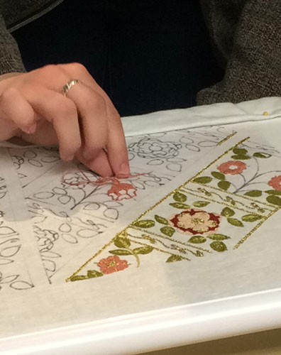 Embroidery demo at Plimoth Plantation 17th century embellishment conference