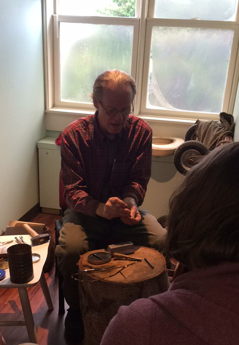 Spangle making demonstration at Plimoth Plantation 17th century embellishment conference