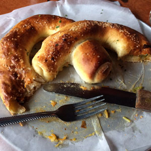 Giant stuffed pretzel at Driftwood in Plymouth