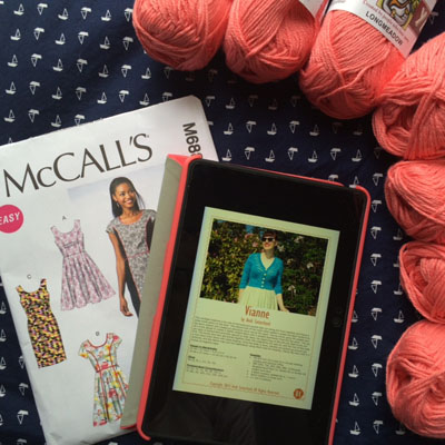 McCall's 6887, Andi Satterlund Vianne cardigan, Valley Yarns Longmeadow in 08 Coral, sailboat cotton popin, for OAL 2015