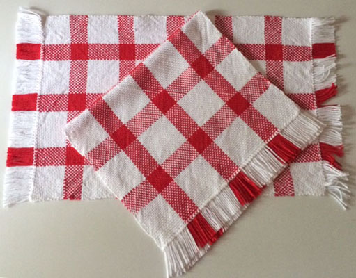 rigid heddle woven tea or dish towels in red and white lily sugar 'n cream cotton from Angela Tong Craftsy class pattern